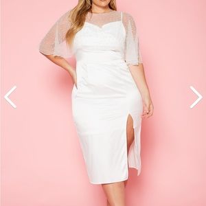 Plus Size Pearl Beaded Mesh Satin Midi Dress